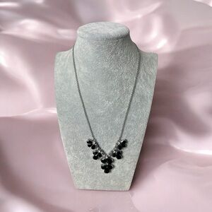 Monet Black Rhinestone Statement Necklace – Silver Tone Floral Drop